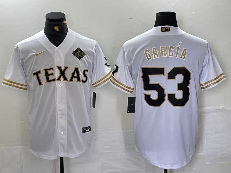 Mens Texas Rangers #53 Adolis Garcia White Gold Cool Base Stitched Baseball Jersey->texas rangers->MLB Jersey